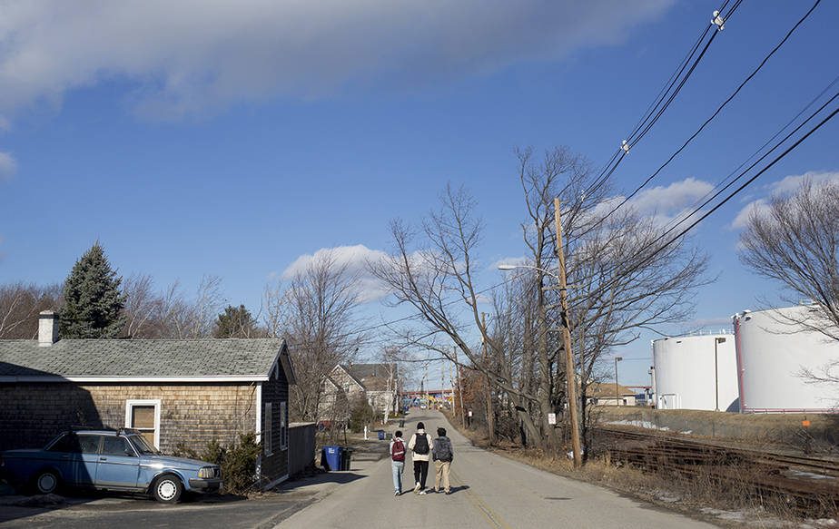 Students walking home down Elm Street in the Pleasantdale neighborhood of South Portland