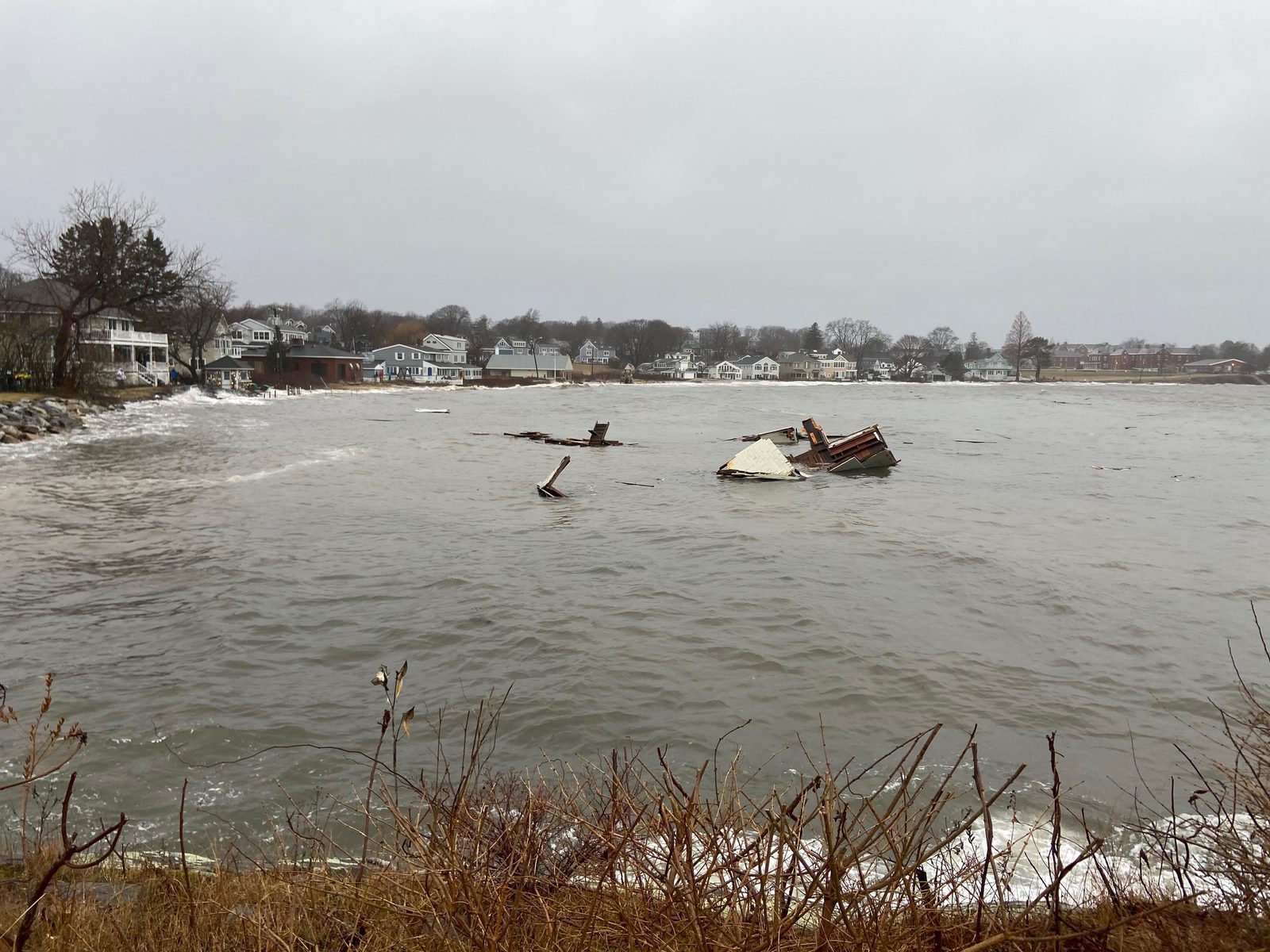 A flooded coastal street in South Portland during a winter storm surge
