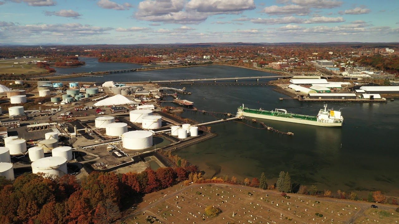 Aerial view of the oil storage tank farms along South Portland's waterfront