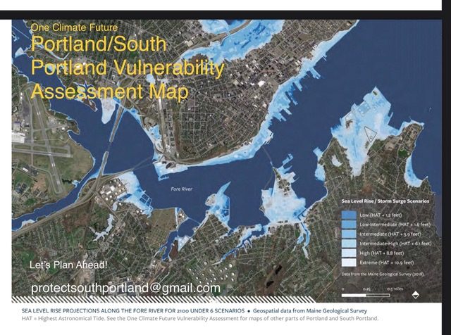 Portland and South Portland Vulnerability Assessment Map showing areas exposed to coastal flooding